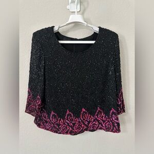 Frank‎ Usher Vintage Black Pink Sequin Beaded Top Sz16